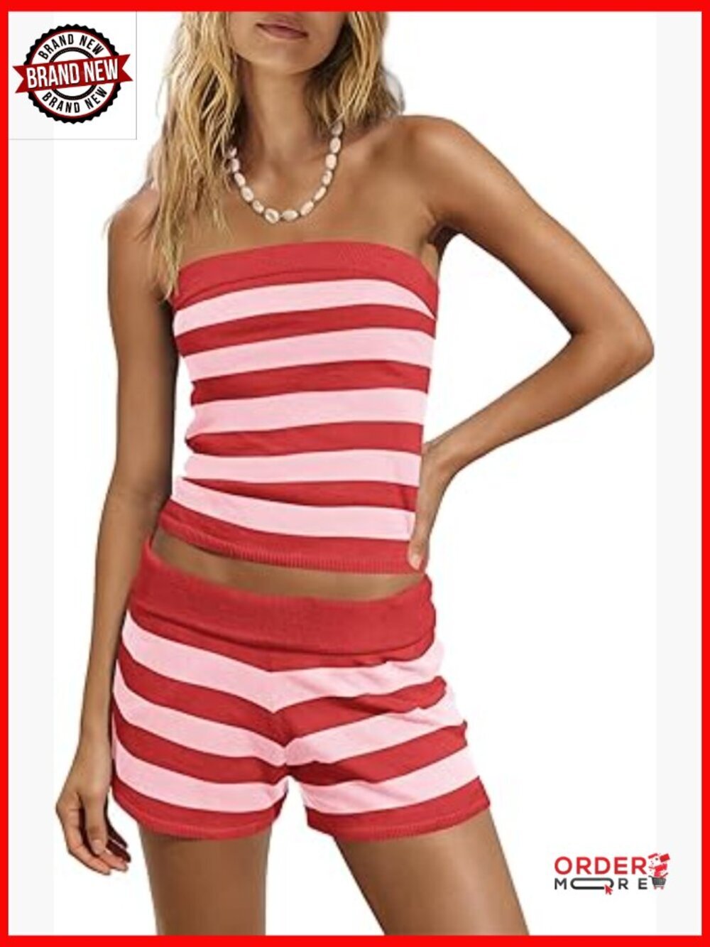 Striped Knit Lounge Set - Tube Top & Shorts 2 Piece Outfit